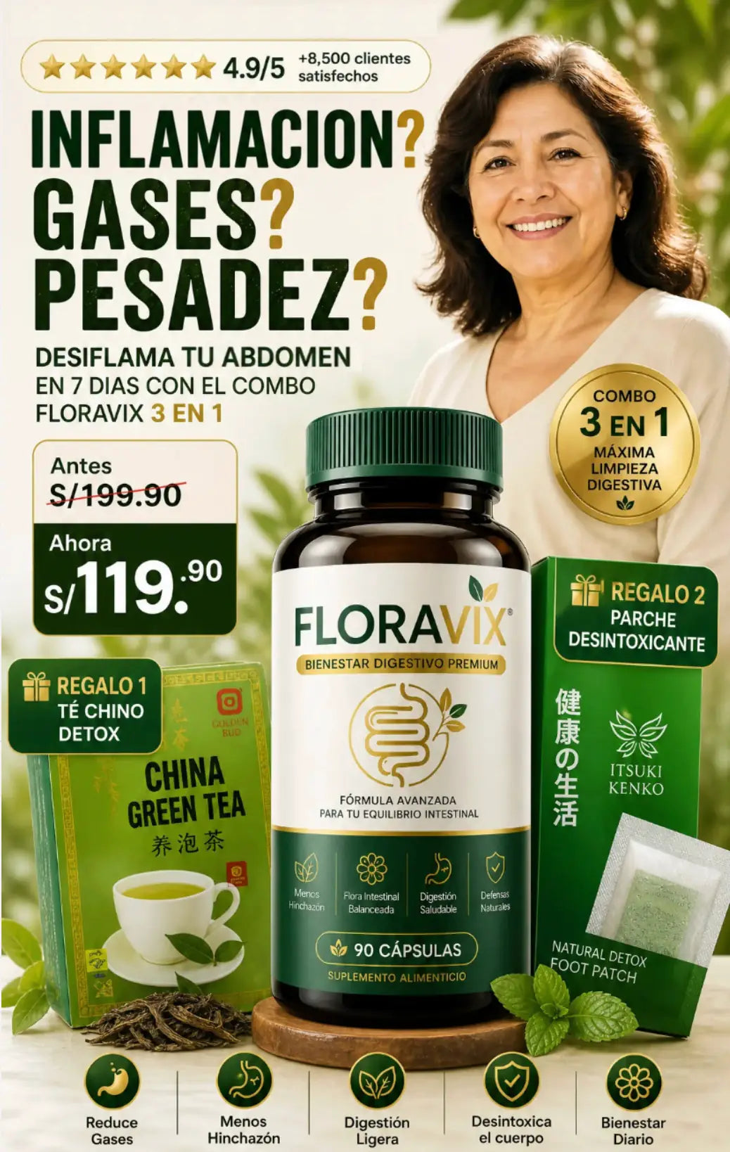 Combo Digestivo 3 en 1™ Capsulas Floravix + Té chino + Parches desintoxicantes