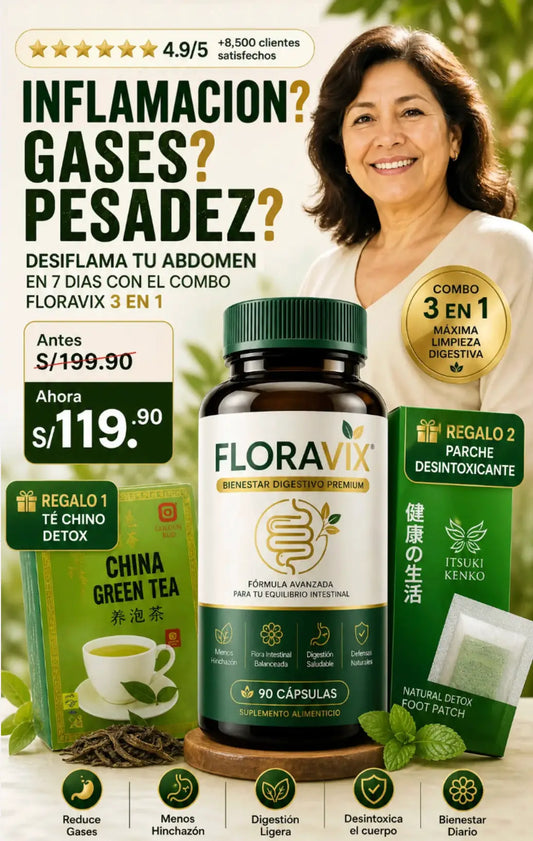 Combo Digestivo 3 en 1™  Capsulas Floravix + Té chino + Parches desintoxicantes